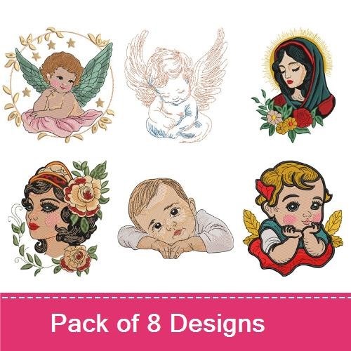 Cherub & Baby Vintage Embroidery Designs Bundle – Cherub with Wings, Baby Girl with Pink Bow, & More (8 Designs)