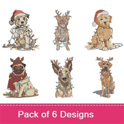 Christmas Dogs Embroidery Designs Bundle – Holiday Pug, Reindeer Dogs, Puppy with Lights & More (6 Designs)