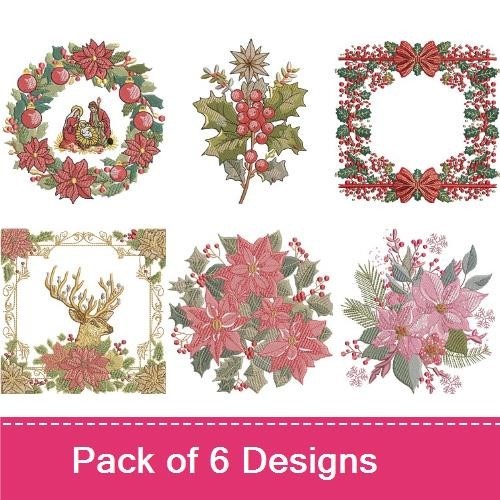 Christmas Floral Embroidery Bundle – Wreath with Cardinal, Poinsettia Bouquet, Holly & More (6 Designs)