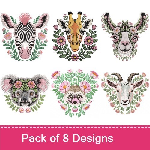 Floral Animal Faces Embroidery Bundle – Zebra, Fox, Giraffe, Ram & More (8 Designs)