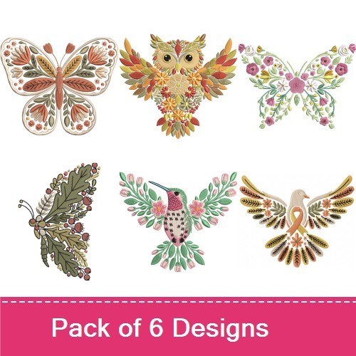Elegant Nature Embroidery Designs Bundle – Butterfly with Flowers, Colorful Owl, Hummingbird with Flowers & More (6 Designs)