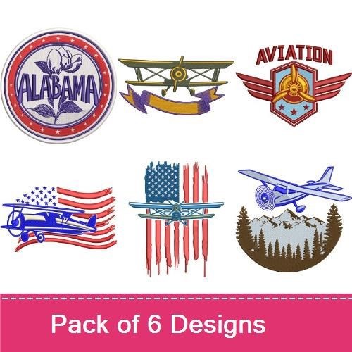 Vintage Aviation Embroidery Designs Bundle – Biplane with American Flag, Aviation Emblem, Propeller Plane with Mountains & More (6 Designs)