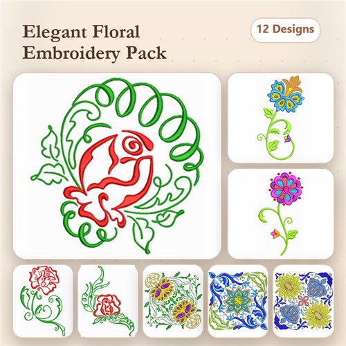 Redwork Elegant Floral Embroidery Designs Bundle – Flower with Scroll, Red Rose, Swirling Floral Design & More (12 Designs)