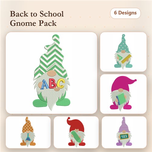 Applique Back to School Gnomes Embroidery Bundle – Green Striped Gnome, Orange Polka Dot Gnome & More (6 Designs)