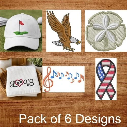 American Themed Embroidery Designs Bundle – Eagle, Golf Flag, Shamrock, Love & More (6 Designs)