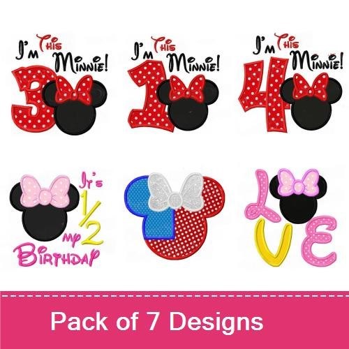 Applique Minnie Mouse Birthday Embroidery Bundle – Minnie Birthday Numbers, I'm This Minnie, Love Text & More (7 Designs)
