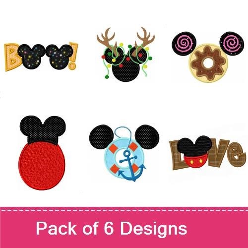 Applique Mickey-themed Festive Embroidery Bundle – Boo Mickey Head, Mickey Head with Antlers, Spiral Mickey Donut & More (6 Designs)
