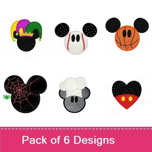 Applique Mickey Mouse Ears Embroidery Bundle – Jester Hat, Spiderweb, Chef Hat & More (6 Designs)