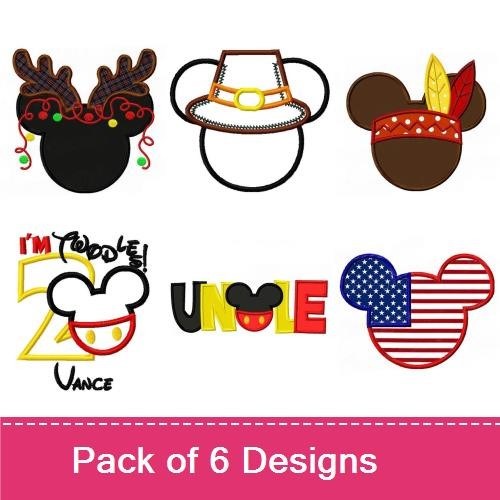 Applique Mickey Mouse Holiday Embroidery Bundle – Antlers, Hat, Turkey, & More (6 Designs)