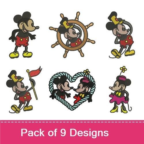 Classic Mickey and Minnie Embroidery Designs Bundle – Mickey Mouse Standing, Minnie Mouse with Heart & More (9 Designs)