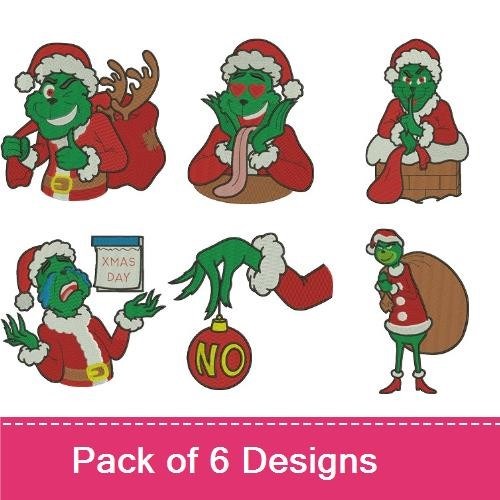 Grinch Christmas Characters Embroidery Designs Bundle – Grinch with Sack, Grinch with Antlers, Grinch Sticking Out Tongue & More (6 Designs)