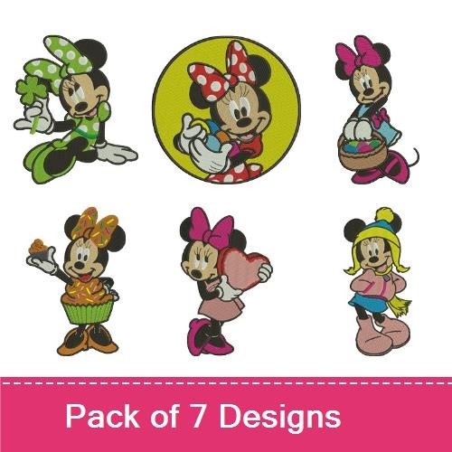 Minnie Mouse Embroidery Designs Bundle – With Eggs, Flower, Heart & More (7 Designs)