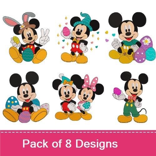 Easter Mickey Mouse Embroidery Designs Bundle – Mickey with Bunny Ears, Peace Sign, Eggs & More (8 Designs)