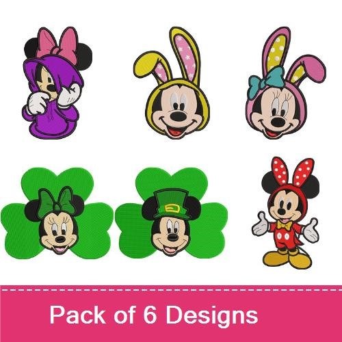 Festive Minnie and Mickey Embroidery Bundle – Minnie in Purple Hoodie, Bunny Ears, Shamrock & More (6 Designs)