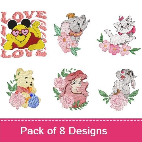 Disney Characters with Floral Elements Embroidery Bundle – Stitch, Pooh, Ariel, Dumbo & More (8 Designs)