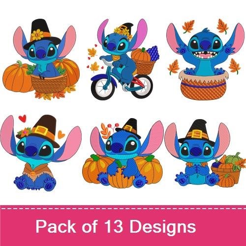Stitch Autumn Characters Embroidery Designs Bundle – Pumpkin Basket, Bicycle, Fall Leaves & More (13 Designs)
