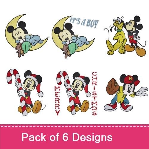 Mickey Mouse Holiday Embroidery Designs Bundle – Mickey Sleeping on Moon, Mickey with Candy Cane, & More (6 Designs)