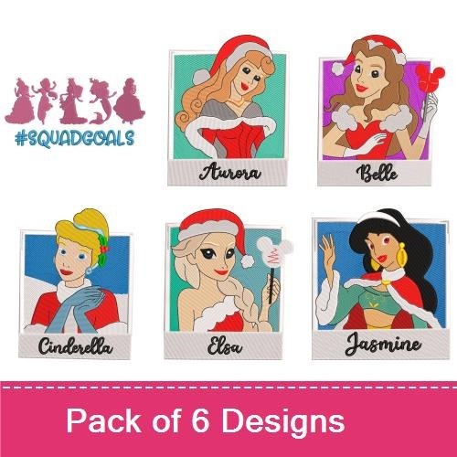 Holiday Princesses Embroidery Designs Bundle – Aurora in Santa Hat, Belle in Red Dress, Cinderella in Blue Dress & More (6 Designs)