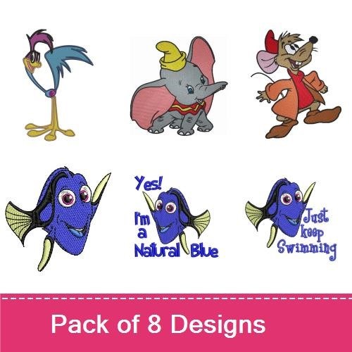 Classic Cartoon Characters Embroidery Bundle – Dumbo, Bear Character, Fish Character & More (8 Designs)