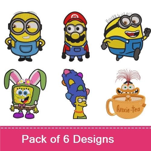 Cartoon Characters Embroidery Designs Bundle – Minion, Mario, SpongeBob, Bunny & More (6 Designs)