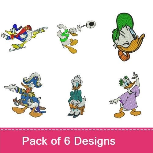 Sporty Duck Characters Embroidery Designs Bundle – Donald Duck Ice Skating, Goofy Duck with Flag, Duck in Disco Outfit & More (6 Designs)