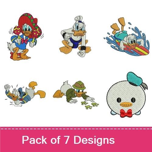 Playful Duck Characters Embroidery Designs Bundle – Duck with Maracas, Donald Duck Standing, Duck on Surfboard & More (7 Designs)
