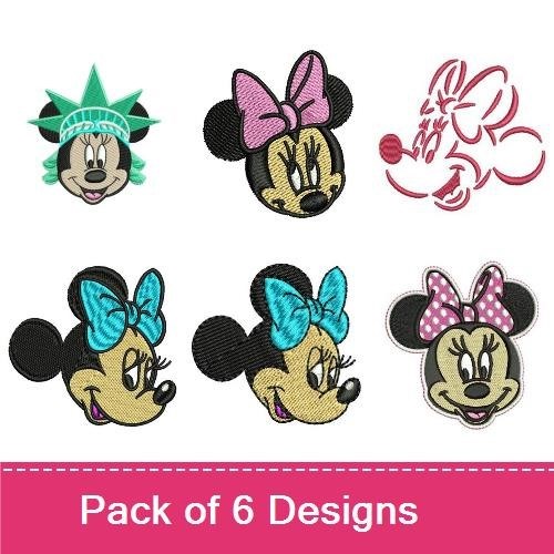 Minnie Mouse Expressions Embroidery Designs Bundle – Pink Bow, Statue of Liberty, Outline & More (6 Designs)
