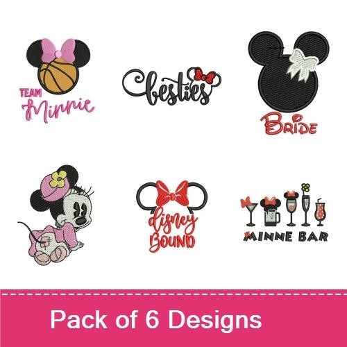 Minnie Mouse Embroidery Designs Bundle – Team Minnie Basketball, Besties, Bride & More (6 Designs)