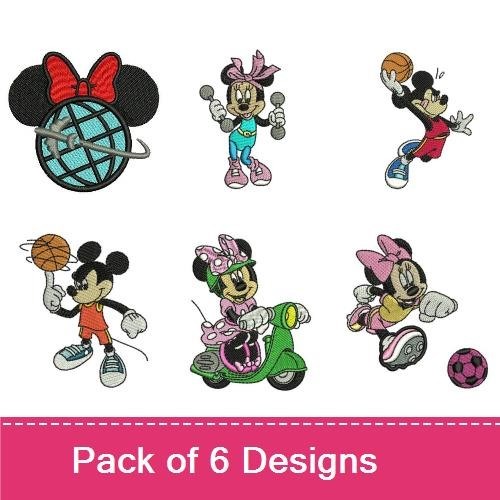 Minnie & Mickey Mouse Sports Embroidery Designs Bundle – Basketball Player, Scooter, Football & More (6 Designs)