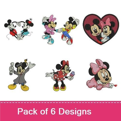 Mickey & Minnie Mouse Embroidery Designs Bundle – Holding Hands, Flowers, Heart & More (6 Designs)