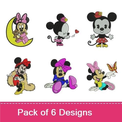 Minnie Mouse Embroidery Designs Bundle – Minnie on Moon, Minnie with Bear, Minnie with Butterfly & More (6 Designs)