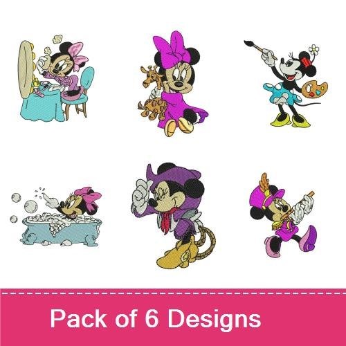 Playful Minnie Mouse Embroidery Designs Bundle – Minnie with Giraffe, Cooking, in Bathtub & More (6 Designs)