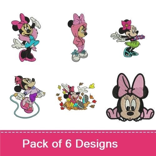 Playful Minnie Mouse Embroidery Bundle – Minnie Mouse Dancing, Skating, with Flowers & More (6 Designs)