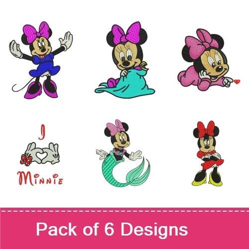 Minnie Mouse Embroidery Designs Bundle – Dancing, Green Dress, Pink Bow & More (6 Designs)