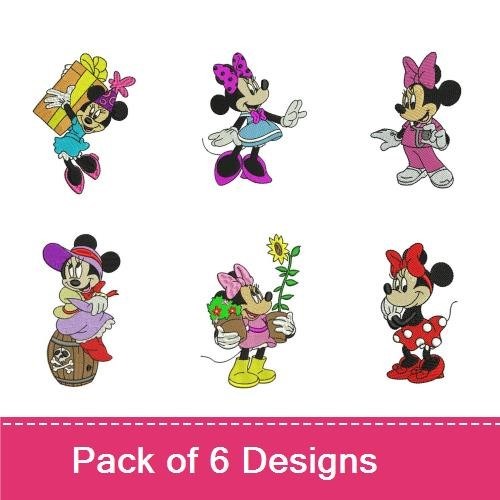 Minnie Mouse Adventures Embroidery Bundle – Minnie Mouse with Flowers, Gift, in Overalls & More (6 Designs)