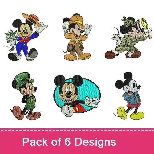 Mickey Mouse Embroidery Bundle – Mickey with Flowers, Brown Outfit, Green Hat & More (6 Designs)