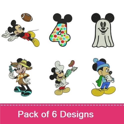 Mickey Mouse Characters Embroidery Designs Bundle – Football Player, Ghost, Pirate, Chef & More (6 Designs)