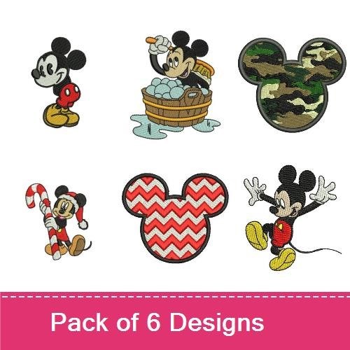 Mickey Mouse Embroidery Designs Bundle – Classic Standing Pose, Boat Fun, Camouflage & More (6 Designs)