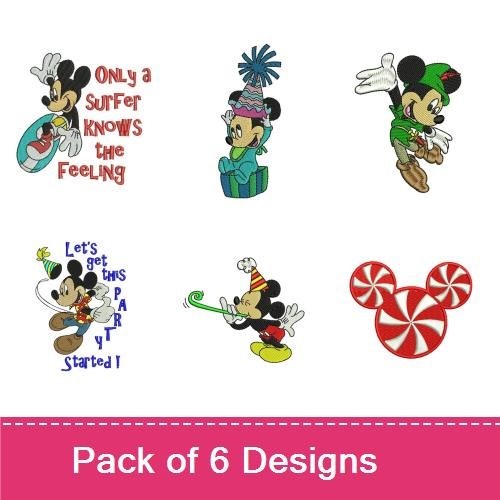Mickey Mouse Celebration Embroidery Designs Bundle – Party Hat, Candy Cane, Surfboard & More (6 Designs)