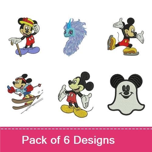Mickey Mouse & Fantasy Characters Embroidery Designs Bundle – Mickey with Cane, Skiing, & More (6 Designs)