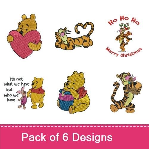 Winnie the Pooh & Tigger Friendship Embroidery Bundle – Pooh with Heart, Tigger Merry Christmas & More (6 Designs)