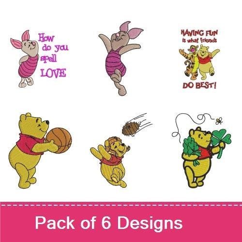 Winnie the Pooh Characters Embroidery Designs Bundle – Piglet Dancing, Pooh with Honey Pot, & More (6 Designs)