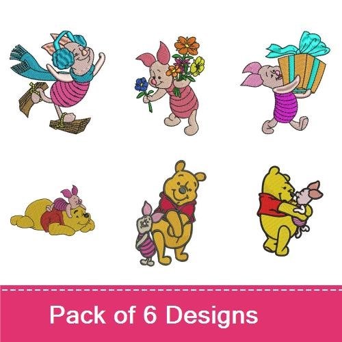 Winnie the Pooh & Piglet Embroidery Bundle – With Gifts, Flowers, Scarf & More (6 Designs)