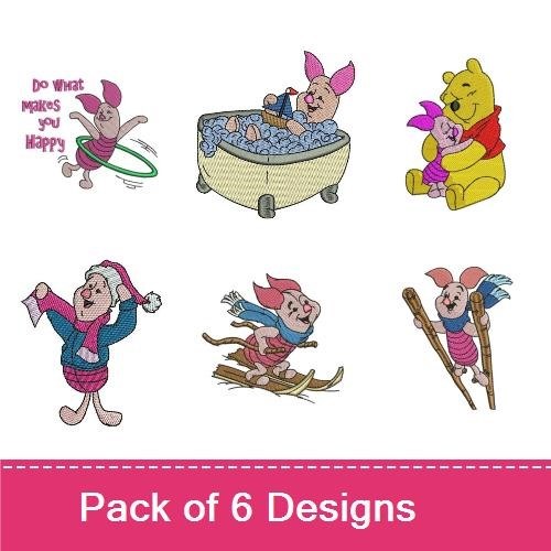 Playful Piglet Characters Embroidery Designs Bundle – Piglet with Hula Hoop, Piglet in Bath & More (6 Designs)