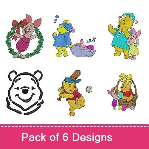 Winnie the Pooh & Piglet Easter Embroidery Designs Bundle – Pooh with Basket, Piglet with Eggs & More (6 Designs)