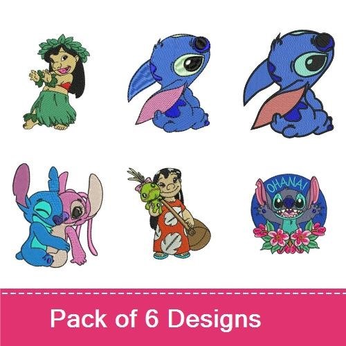 Lilo and Stitch Characters Embroidery Bundle – Lilo with Scrump, Stitch with Flowers, Hula Stitch & More (6 Designs)