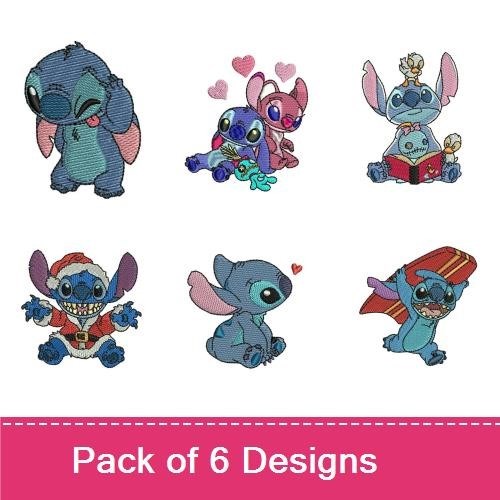 Cute Stitch Character Embroidery Designs Bundle – Stitch with Hearts, Stitch in Santa Hat, & More (6 Designs)