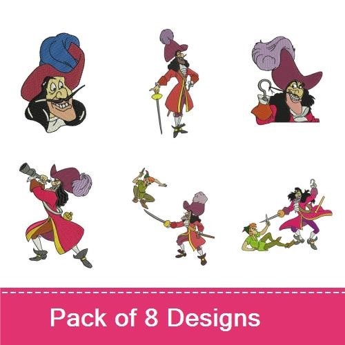 Captain Hook Adventure Embroidery Bundle – Captain Hook with Sword, Captain Hook Dancing, Crocodile & More (8 Designs)