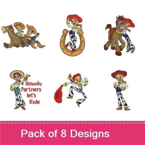 Western Characters Embroidery Bundle – Jessie with Bullseye, Howdy Partners Phrase, Cowboy Hat & More (8 Designs)