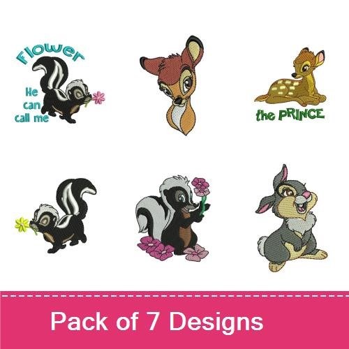 Woodland Animals Embroidery Designs Bundle – Bambi, Thumper, Skunk with Flower & More (7 Designs)